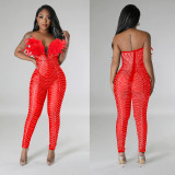 Women Solid Sexy Mesh Beaded Jumpsuit