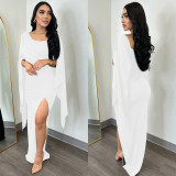 Fashion Women's Solid Color Long Sleeve Slit Pleated Maxi Dress