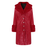 Autumn And Winter Turndown Collar Long Coat With Fur Collar Chic Zipper Women's Pu Coat
