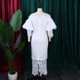 Women's Clothing Off Shoulder Lace Patchwork Puff Sleeve Formal Party Evening Dress