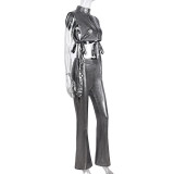 Sexy stretch leather side-exposed hollow vest high-waist bell-bottoms pants two piece set