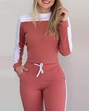 Women Sports Colorblock Long Sleeve Top and Pants Casual Two-piece Set