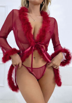 Women sexy hollow See-Through Mesh Furry Sexy Lingerie two-piece set
