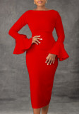 Women's Winter Fashion Solid Color Bodycon Bell Bottom Sleeve Ol African Dress