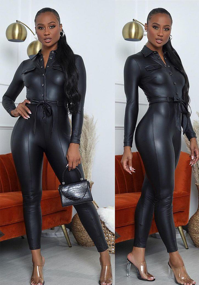 9050 Black Ecru Buckle Belt Jumpsuit