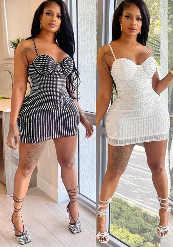 Fashionable Women's Solid Color Mesh Beaded Suspender Dress（customized,MOQ 6pcs/size/color,process time 7-10 days）