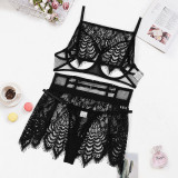 Women Lace Hollow See-Through Sexy Lingerie Three-Piece