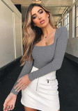 Women's Autumn And Winter Top Long Sleeve Square Neck Ribbed Stretch Slim Basic Shirt