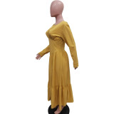 Women's Solid Color Long-Sleeved Pleated Loose Dress