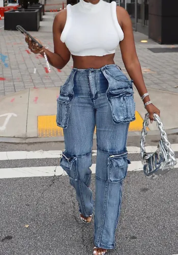 Women's Casual  Multi-Pocket Cargo Pants Mid-Rise Washed Straight Denim Trousers