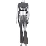 Sexy stretch leather side-exposed hollow vest high-waist bell-bottoms pants two piece set