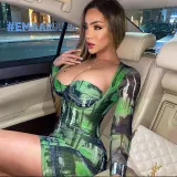 Women Square Neck Contrast Print Chic Bodycon Dress