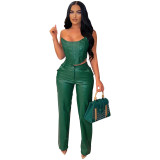Women's Strapless Pu Leather Top And Pants Sexytwo-Piece Set