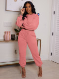 Solid Color Fleece Long Sleeve Top Stylish Casual Pants Plus Size Two Piece Set