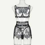 Women Lace Hollow See-Through Sexy Lingerie Three-Piece