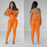 Women Solid Sexy Mesh Beaded Jumpsuit