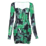 Women Square Neck Contrast Print Chic Bodycon Dress