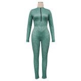 Women's Ribbed Printed Sexy V-Neck Tight Fitting Zipper Jumpsuit