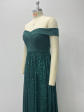 Women Elegant Off Shoulder Patchwork Sequin Evening Dress