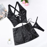 Women mesh Lace-Up crossover Halter Neck sexy lingerie two-piece set