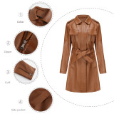 Spring And Autumn Long-Sleeved Leather Windbreaker Leather Jacket With Belt Fashionable British Jacket For Women