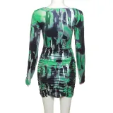 Women Square Neck Contrast Print Chic Bodycon Dress