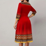 Plus Size Women Ethnic Loose Knitting Maxi Nine-quarter Sleeve Dress