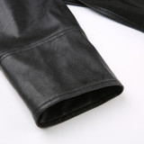 Hip-Hop Street Trendy Hooded Ultra-Short Leather Long-Sleeved Pure Black Jacket