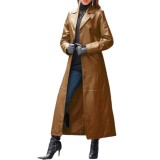 Women's Buttoned Leather Jacket Plus Size Slim Fit Leather Trench Coat