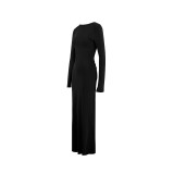 Women Pleated Long Sleeve Backless Bodycon Maxi Evening Dress