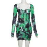 Women Square Neck Contrast Print Chic Bodycon Dress
