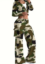 Women Camo Print Casual Sexy Crop Top and Pants Two-piece Set