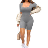 Women's Solid Color Short Sleeves Square Collar Fashionable And Comfortable Ribbed Sports Cargo Shorts