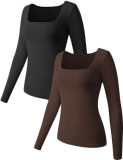 Women's Autumn And Winter Top Long Sleeve Square Neck Ribbed Stretch Slim Basic Shirt