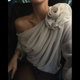 Women Long Sleeve Sexy Off-Shoulder See-Through Flower T-Shirt