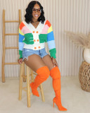 Women 's Fashion V-Neck Color-Blocked Knitting Sweater
