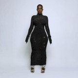 Fall Women 's Fashion Casual Knitting Ripped High Waist Slim Long Dress