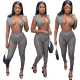 Women 's Mesh See-Through Hollow Vest Mid-Waist Sexy Pants Two Piece Set