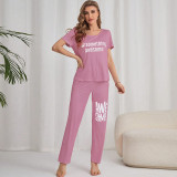Women Summer Print Short Sleeve Top and Trousers pajamas Two-Piece Set