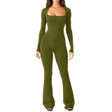 Women 's Autumn And Winter Ribbed Square Neck Slim Fit Wide Leg Casual Sports Jumpsuit