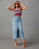 High Waist Slit Washed Denim Mid-Length Skirt For Women