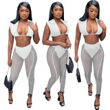 Women 's Mesh See-Through Hollow Vest Mid-Waist Sexy Pants Two Piece Set