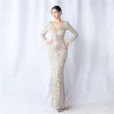 Sequins Feather Long-Sleeved Evening Dress