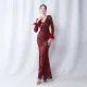 V-Neck Feather Long-Sleeved Sequined Evening Dress