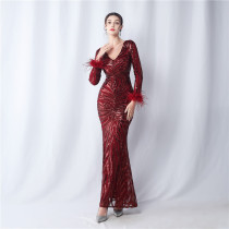 V-Neck Feather Long-Sleeved Sequined Evening Dress
