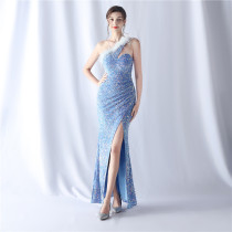 Feather Sequined One-Shoulder Evening Dress