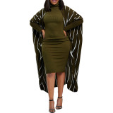 Autumn And Winter Women 's Ribbed Dress With Printed Long-Sleeved Jacket Two-Piece Set
