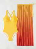 Sexy One-Piece Bikini Gradient Beach Skirt  Two-Piece Swimsuit Set For Women