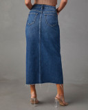 High Waist Slit Washed Denim Mid-Length Skirt For Women
