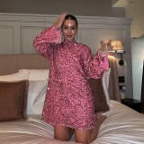 Autumn And Winter Women 's Round Neck Long Sleeve Loose Plus Size Sexy Sequin Short Dress